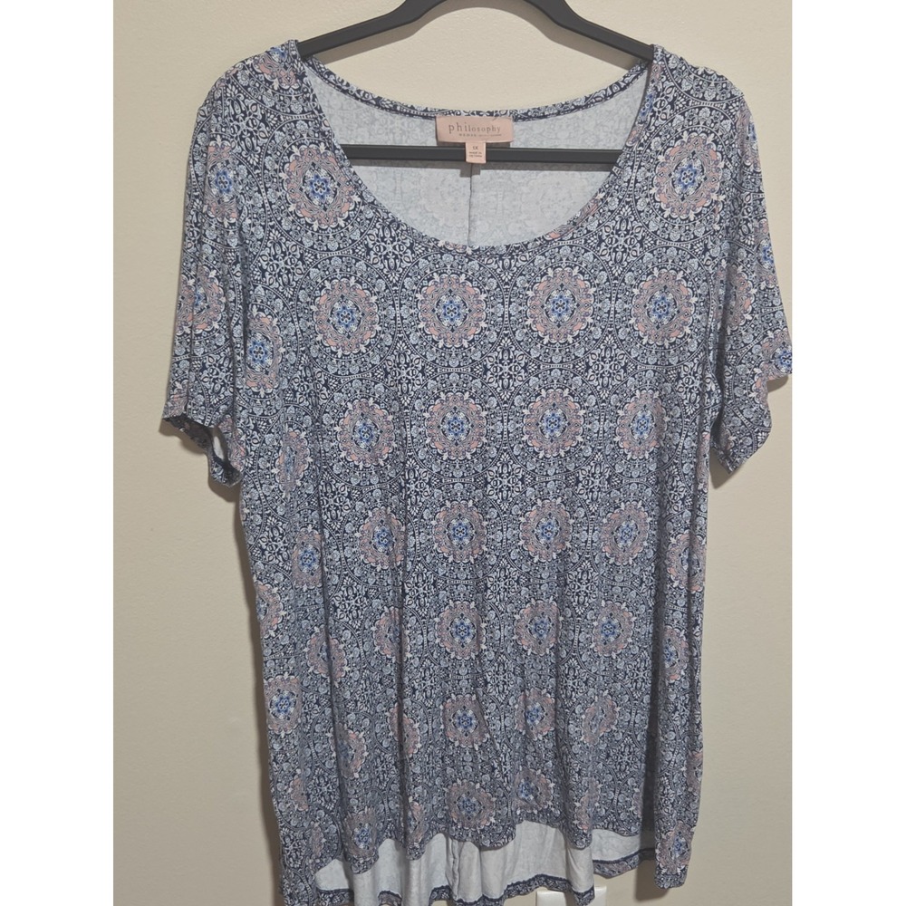 Philosophy Woman 1X Blue Pink Medallion Paisley Top High Low Hem Boho